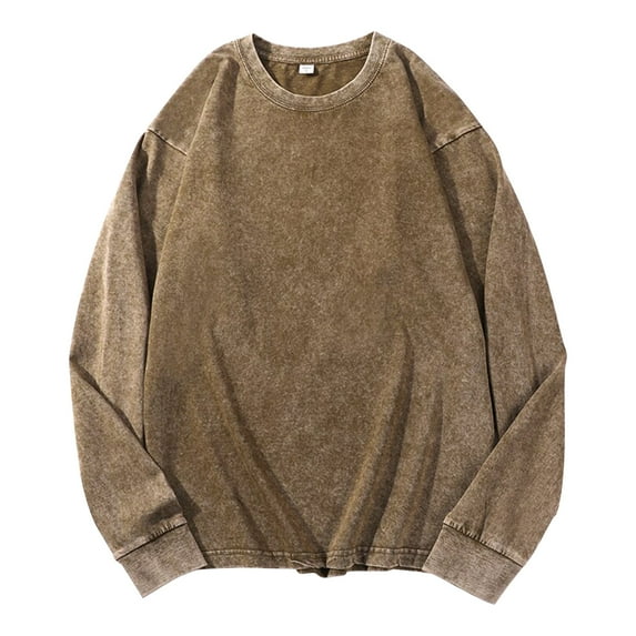 WTOBBY Men's Solid Color Washed Long Sleeve Round Neck Tops, Casual Fashion Fall Season Shirt with Dropped Shoulder for Relaxed Wear,Army Green M