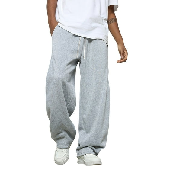 WTOBBY Men's Solid Color Wide Leg Fleece Sweatpants, Relaxed Fit Casual Lounge Pants with Drawstring for Men, Comfortable Streetwear Style,Light Gray 2XL