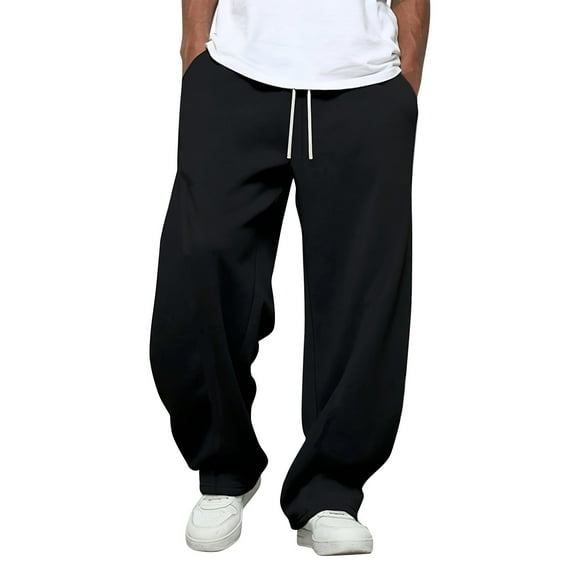 WTOBBY Men's Solid Color Wide Leg Fleece Sweatpants, Relaxed Fit Casual Lounge Pants with Drawstring for Men, Comfortable Streetwear Style,Black 2XL