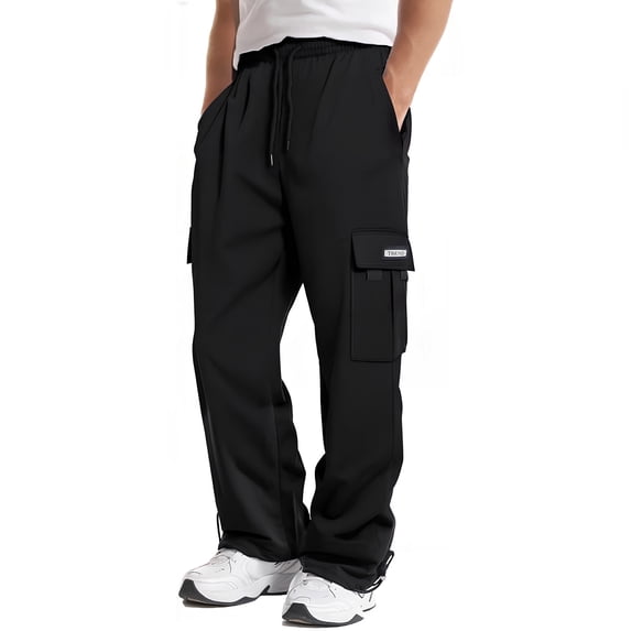 WTOBBY Men's Solid Color Work Pants with Multiple Pockets, Relaxed Straight Leg Casual Trousers for Daily Wear, Comfortable and Durable,Black L