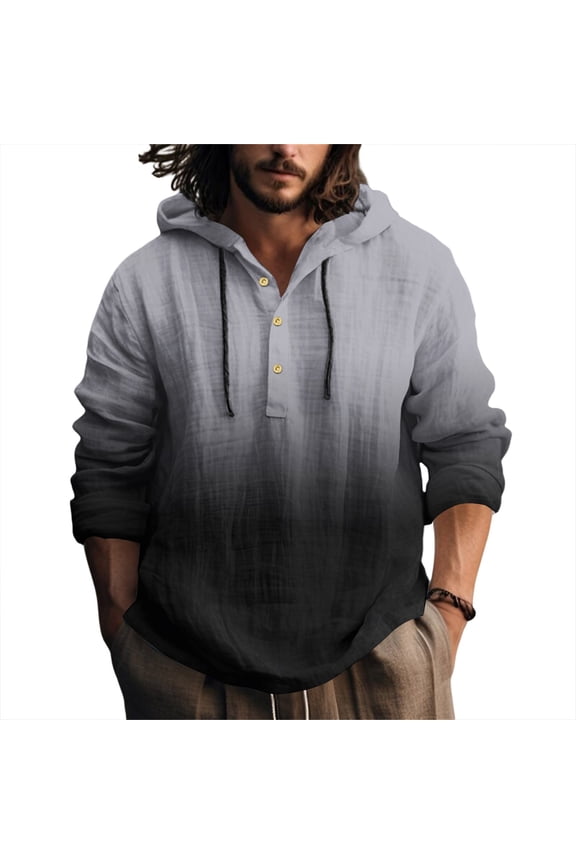 Men's Spring Summer Hooded Pullover Shirt with Long Sleeve, Gradient Print, and Cotton Linen Blend for Casual Everyday Wear Lightweight and Stylish ,Gray L