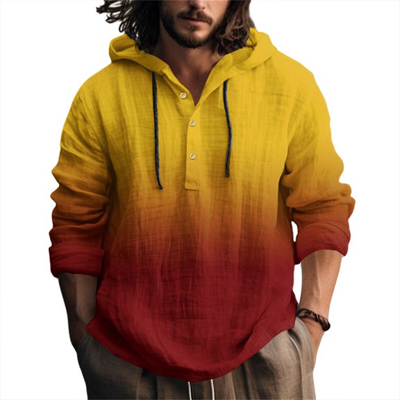 WTOBBY Men's Spring Summer Hooded Pullover Shirt with Long Sleeve, Gradient Print, and Cotton Linen Blend for Casual Everyday Wear Lightweight and Stylish ,Orange L