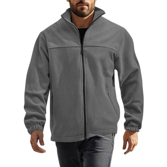 WTOBBY Men's Stand Collar Plush Jacket, Solid Color Zippered Outdoor Coat, Casual Sports Style Cold Weather Wear with Soft Interior lining,Dark Gray M