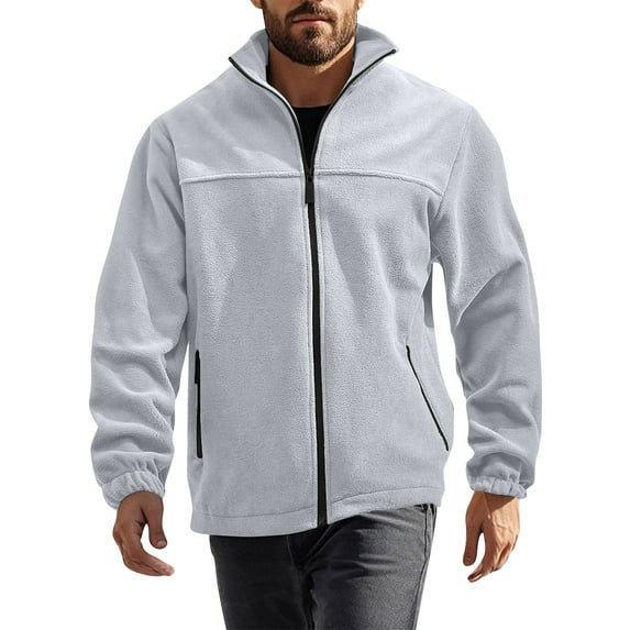 WTOBBY Men's Stand Collar Plush Jacket, Solid Color Zippered Outdoor Coat, Casual Sports Style Cold Weather Wear with Soft Interior lining,Light Gray M