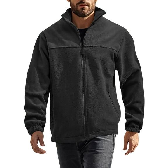 WTOBBY Men's Stand Collar Plush Jacket, Solid Color Zippered Outdoor Coat, Casual Sports Style Cold Weather Wear with Soft Interior lining,Black M