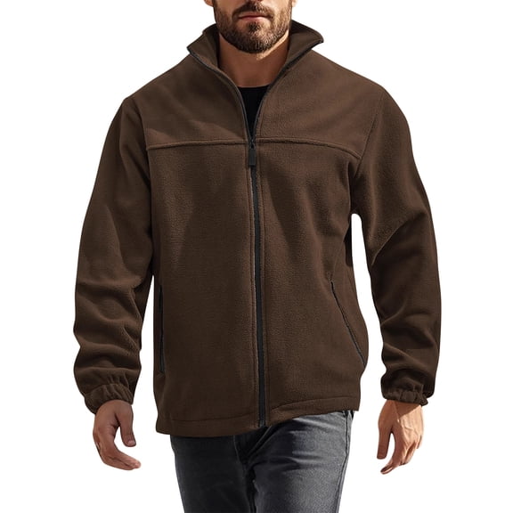 WTOBBY Men's Stand Collar Plush Jacket, Solid Color Zippered Outdoor Coat, Casual Sports Style Cold Weather Wear with Soft Interior lining,Coffee M