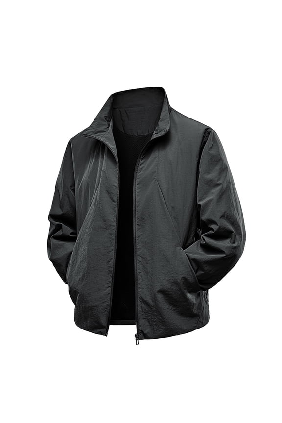 Men's Stand Collar Windbreaker Jacket, Lightweight Water-Resistant Casual Coat, Thin Layer for Outdoor Protection and Everyday Style,Black M