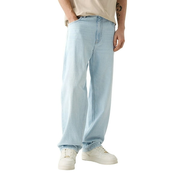 WTOBBY Men's Straight Leg Jeans Casual Solid Color Denim Pants with Classic Fit - Fashion Wide Leg Trousers Design for Daily Wear and Versatile Style Expression Comfort,Light Blue XL