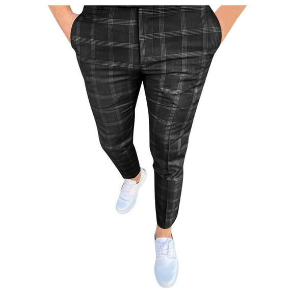 WTOBBY Men's Stretch Slim-Fit Plaid Business Trousers for Golf and Office, Fashionable Casual Pants with Elastic Waist and Professional Look, Comfortable for All-Day Wear ,Black M
