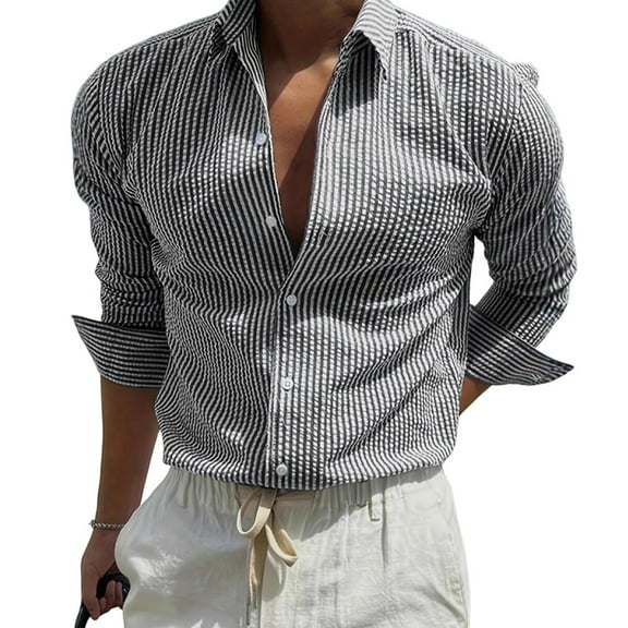 WTOBBY Men's Striped Turn-Down Collar Button-Down Shirt Long Sleeve Casual Business Comfortable Cotton Blend Office Wear Relaxed Fit Pocket Top,Black L