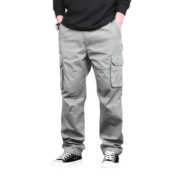 WTOBBY Men's Stylish Casual Cargo Pants, Elastic Waist Drawstring Multi-Pocket Loose Fit Comfortable Straight Leg Trousers, Fashionable,Light Gray S