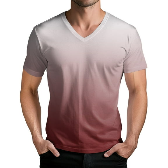 WTOBBY Men's Stylish V Neck Short Sleeve T-Shirt with Gradient Print Soft, Lightweight, and Breathable, Perfect for Casual Outings, Summer Wear, and Everyday Style,Red 2XL