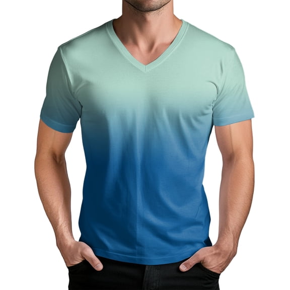 WTOBBY Men's Stylish V Neck Short Sleeve T-Shirt with Gradient Print Soft, Lightweight, and Breathable, Perfect for Casual Outings, Summer Wear, and Everyday Style,Turquoise 3XL