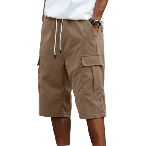 WTOBBY Men's Summer Loose Fit Outdoor Work Capri Pants with Multiple Pockets, Stretch Waist Casual Design for Sports and Beach ,Light Brown M