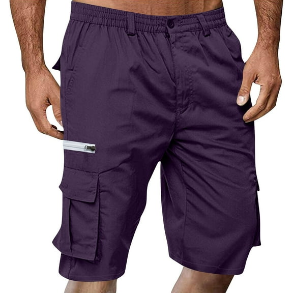 WTOBBY Men's Summer Multi-Pocket Cargo Shorts with Elastic Waist, Casual Hiking Quick-Dry Breathable Design for Outdoor Trekking ,Purple 2XL