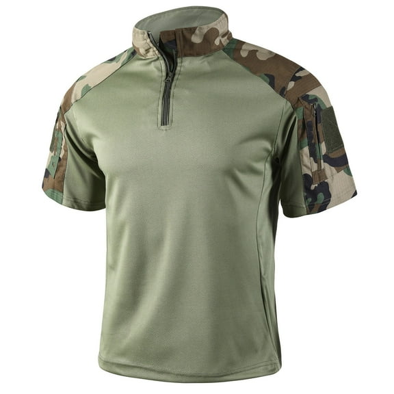 WTOBBY Men's Summer Short Sleeve American Camo Outdoor Training Shirt Tactical Military Style, Moisture Wicking, Durable for Training, Hunting, and Outdoor Adventures,Army Green L