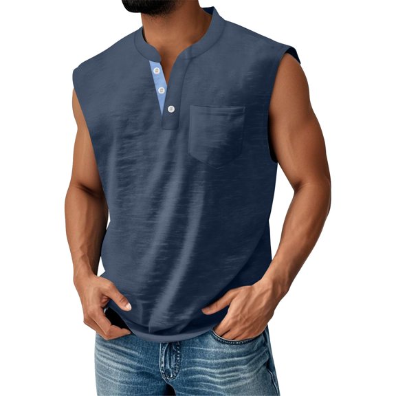 WTOBBY Men's Summer Solid Mixed Color Pocket Buttons Vest Sports Casual Sleeveless Quick-Drying Lightweight Style For Active Wear Training Comfort Outdoor Running Relaxation,Navy L