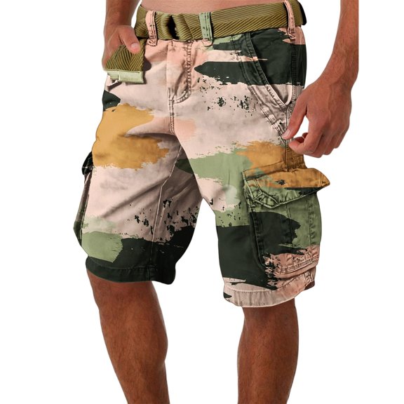WTOBBY Men's Summer Work Shorts in Camouflage Pattern, Loose and Casual, Large Size Featuring Multi-Pocket Design, 5-Inch Length Shorts Without Belt, Durable and Stylish,Pink S