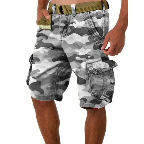 WTOBBY Men's Summer Work Shorts in Camouflage Pattern, Loose and Casual, Large Size Featuring Multi-Pocket Design, 5-Inch Length Shorts Without Belt, Durable and Stylish,Light Gray L