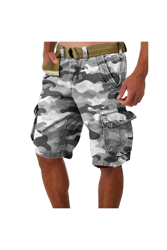 Men's Summer Work Shorts in Camouflage Pattern, Loose and Casual, Large Size Featuring Multi-Pocket Design, 5-Inch Length Shorts Without Belt, Durable and Stylish,Light Gray L