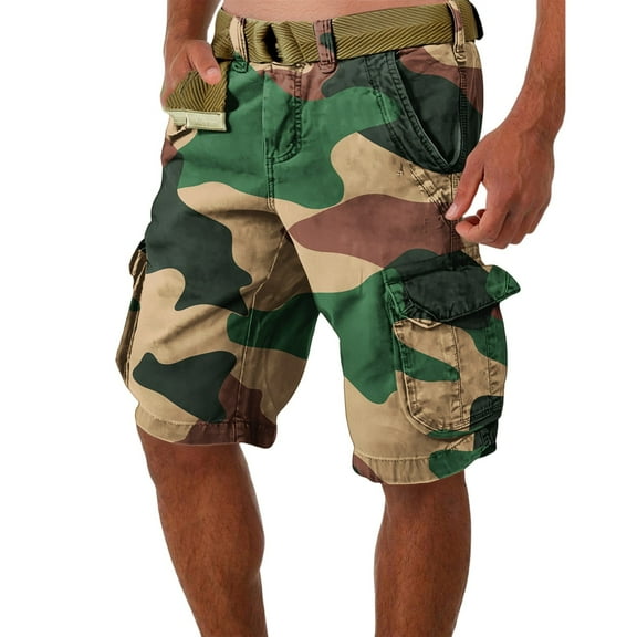 WTOBBY Men's Summer Work Shorts in Camouflage Pattern, Loose and Casual, Large Size Featuring Multi-Pocket Design, 5-Inch Length Shorts Without Belt, Durable and Stylish,Army Green S