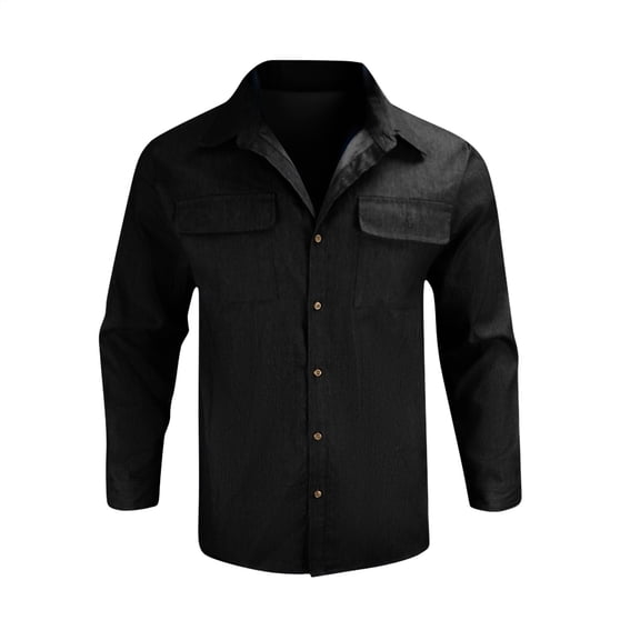 WTOBBY Men's Summer jean Shirt Lapel Collar Long Sleeve Solid Color Casual Fashion Button Front Lightweight Breathable Daily Office Wear Top,Black M