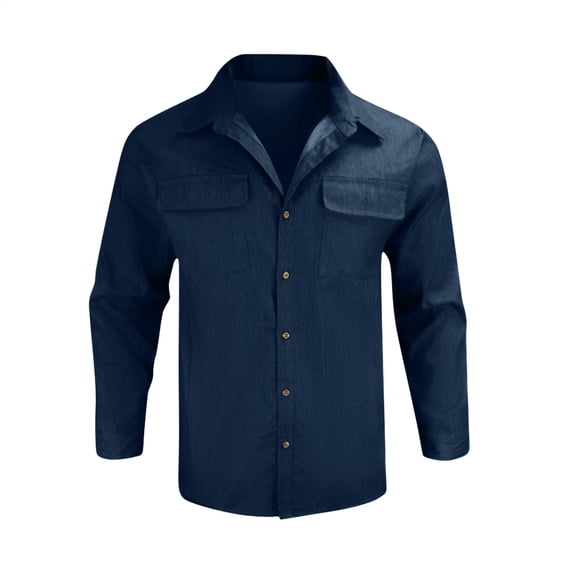 WTOBBY Men's Summer jean Shirt Lapel Collar Long Sleeve Solid Color Casual Fashion Button Front Lightweight Breathable Daily Office Wear Top,Navy M