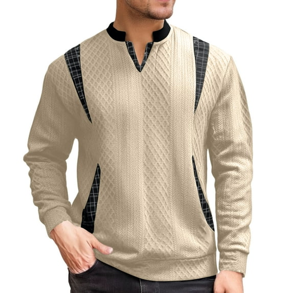 WTOBBY Men's Sweatshirt with Casual V-Neck and Long Sleeve Design, Color Block Pullover Knit Top for Outdoor and Street Style Wear,Khaki 2XL