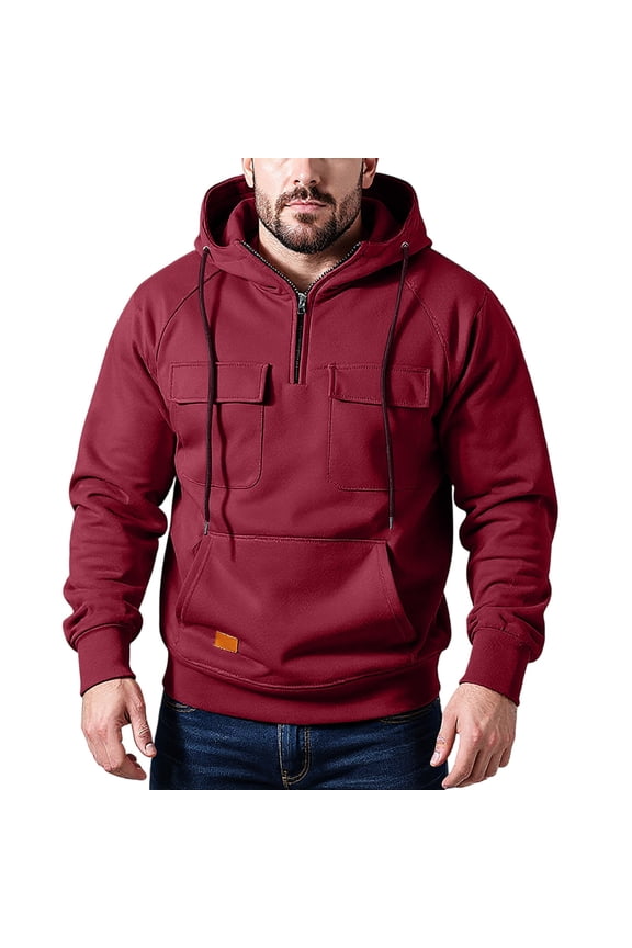 Men's Tactical Stand Collar Sweatshirt, Thickened Fleece Outdoor Pullover for Cold Weather, Windproof Thermal Comfort,Wine XL