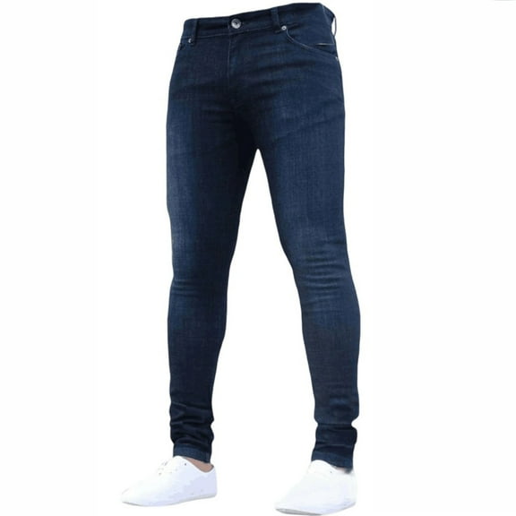 WTOBBY Men's Tapered Fit Jeans Casual Solid Color Denim Pants with Modern Silhouette - Slim Straight Leg Trousers Design for Comfortable Daily Wear Activities and Style,Dark Blue L
