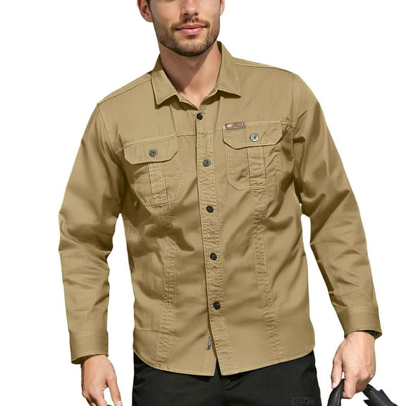 WTOBBY Men's Utility Shirt Long Sleeve Double Pocket Casual Cardigan Style Button Front Workwear Slim Fit Stretch Comfort Daily Wear Top,Khaki 2XL