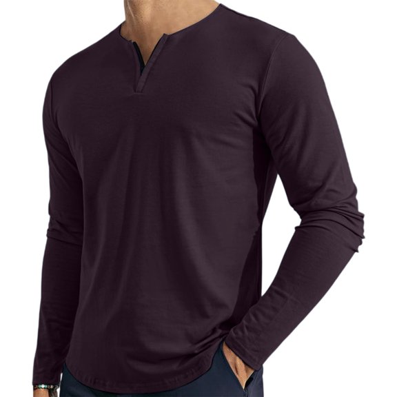 WTOBBY Men's V-Neck Long Sleeve Casual T-Shirt with Relaxed Fit for Everyday Wear Soft and Comfortable Loose Top Ideal for Daily Use ,Brown M