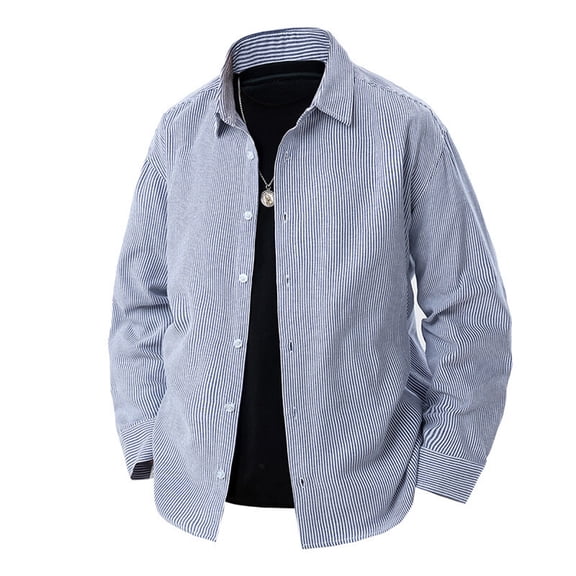 WTOBBY Men's Vertical Striped Long Sleeve Shirt Casual Lapel Collar Oversized Fit Button Front Flannel Workwear Relaxed Loose Top Jacket Style,Navy XL