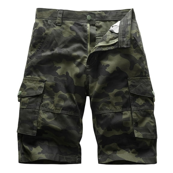 WTOBBY Men's Vintage Camouflage Military Tactical Work Shorts, Loose Fit Multi-Pocket Cargo Utility Shorts for Outdoor Hunting Camping Casual Comfort Elastic Waist,Dark Green L