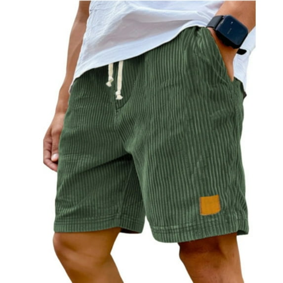 WTOBBY Men's Vintage Embroidered Corduroy Casual Bermuda Shorts with Elastic Drawstring, Retro Style Comfort Fit ,Dark Green M