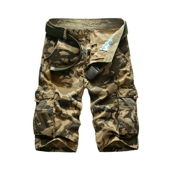 WTOBBY Men's Vintage Military Tactical Work Shorts without Belt, Loose Fit Multi-Pocket Cargo Utility Shorts for Outdoor Hiking Camping Casual Comfort Elastic Waist,Khaki 2XL