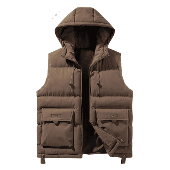 WTOBBY Men's Winter Trend Wear Loose Thick Down Cotton Clip Multi-Pocket Solid Color Casual Hooded Vest Coat, Detachable Hood for Versatile Styling in Cold Weather,Coffee L