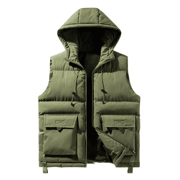 WTOBBY Men's Winter Trend Wear Loose Thick Down Cotton Clip Multi-Pocket Solid Color Casual Hooded Vest Coat, Detachable Hood for Versatile Styling in Cold Weather,Army Green 2XL