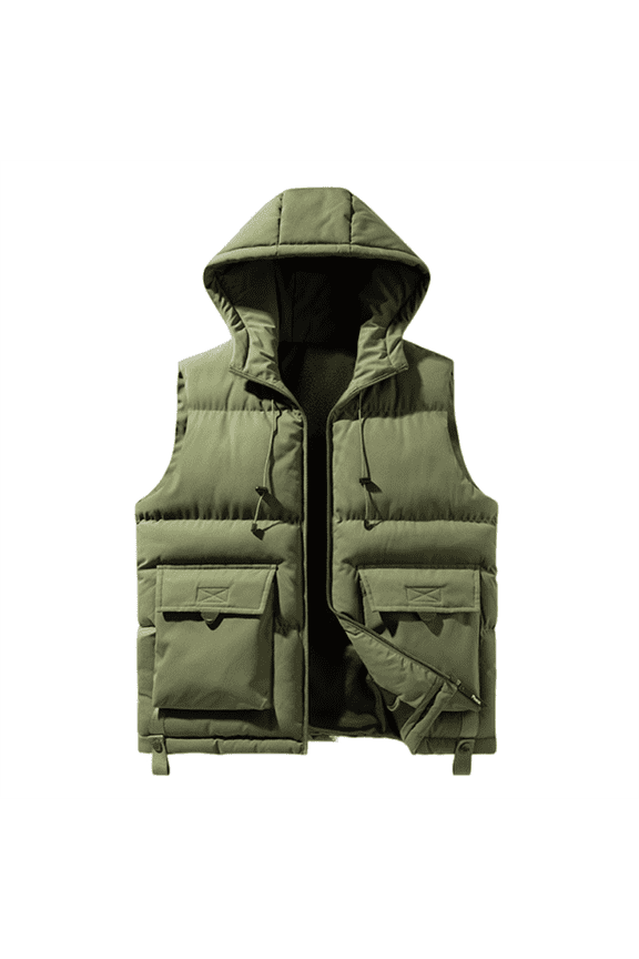 Men's Winter Trend Wear Loose Thick Down Cotton Clip Multi-Pocket Solid Color Casual Hooded Vest Coat, Detachable Hood for Versatile Styling in Cold Weather,Army Green L