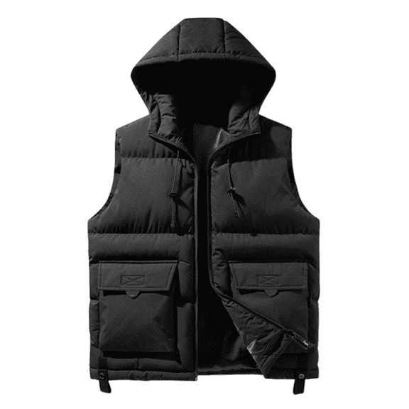 WTOBBY Men's Winter Trend Wear Loose Thick Down Cotton Clip Multi-Pocket Solid Color Casual Hooded Vest Coat, Detachable Hood for Versatile Styling in Cold Weather,Black 3XL