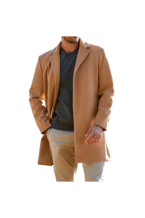 Men's Wool Blend Trench Coat, Notched Collar Single-Breasted Overcoat for Business Casual Winter Wear with Pockets, Slim Fit and Mid-Length for Formal Occasions,Khaki 3XL