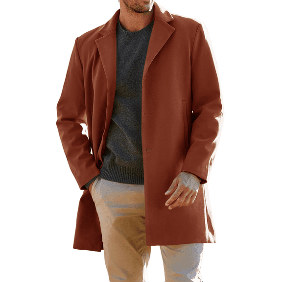 WTOBBY Men's Wool Blend Trench Coat, Notched Collar Single-Breasted Overcoat for Business Casual Winter Wear with Pockets, Slim Fit and Mid-Length for Formal Occasions,Wine 2XL