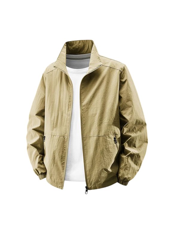 Men's Workwear Style Utility Jacket, Heavy-Duty Zippered Hooded Windbreaker with Multiple Pockets, Outdoor Tactical Water-Resistant Coat,Khaki L