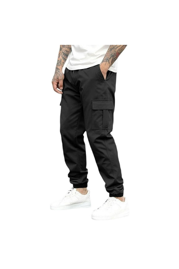 Men's Youth Work Pants Stretch Waist Drawstring Casual Multi-Pocket Trousers - Loose Fit Outdoor Utility Pants for Daily Activities and Comfort Wear Experience All Day,Black M