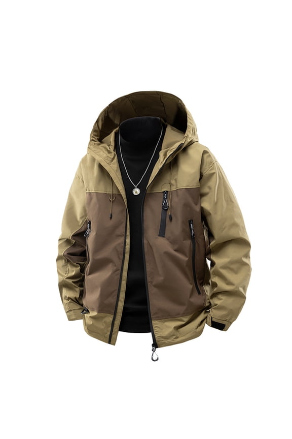 Men's and Women's Color-Matched Hooded Windbreaker, Outdoor Sports Waterproof Jacket with Windproof Design for Couple Activities,Khaki XL