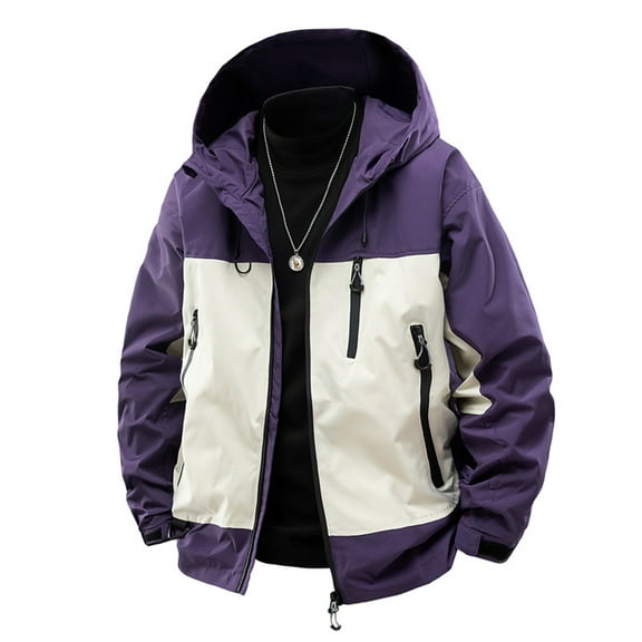 WTOBBY Men's and Women's Color-Matched Hooded Windbreaker, Outdoor Sports Waterproof Jacket with Windproof Design for Couple Activities,Purple XL