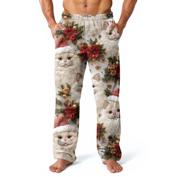 WTOBBY Mens Christmas Flannel Sleep Pants with Festive Print Pockets, Soft Fleece-Lined Lounge Pants for Holiday, Cozy Winter PJ Bottoms for Men,Light pink L