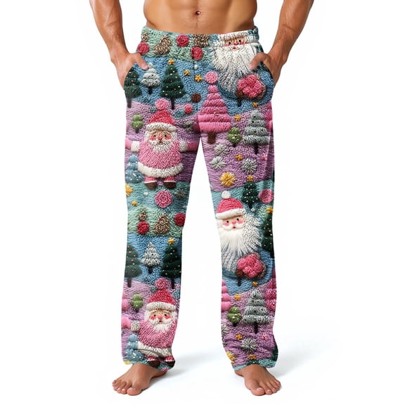 WTOBBY Mens Christmas Flannel Sleep Pants with Festive Print Pockets, Soft Fleece-Lined Lounge Pants for Holiday, Cozy Winter PJ Bottoms for Men,Purple Pink M