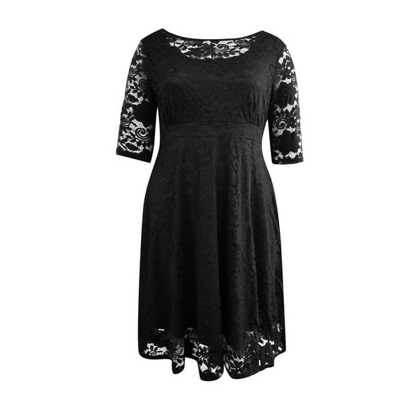 WTOBBY Plus Size Elegant Lace Dress, Women's Three-Quarter Sleeve Solid Color V-Neck Casual Wear for Weddings Events Cocktail Parties and Special Occasions,Black 4XL