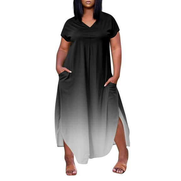 WTOBBY Plus Size Gradient Color Dress, Trendy Short Sleeve V-Neck High Slit Casual Summer Wear for Beach Events Pool Parties and Vacation Activities,Black XL